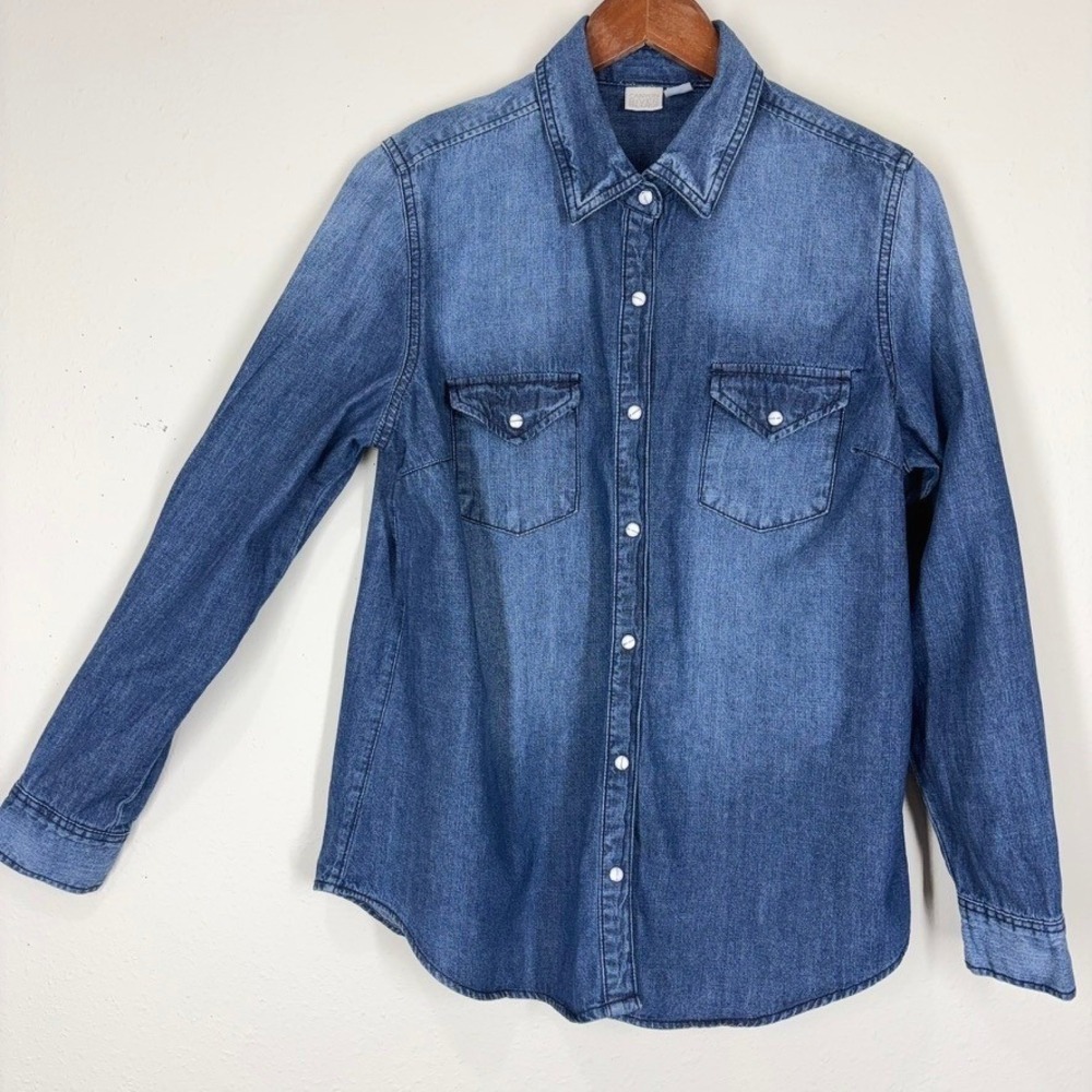 Women's Denim Pearl Snap Shirt L Blue Long Sleeve Western Blouse Cowgirl Western